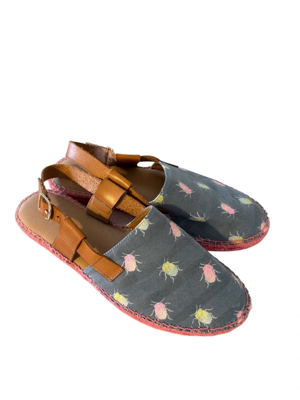 Anthropologie Blue Printed Fabric Round Toe Buckle Slingback Espadrille Flats